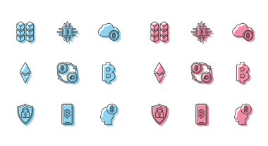 Set line Shield security with lock, Phone mobile and cryptocurrency coin Bitcoin, Blockchain technology, think, Cryptocurrency exchange, Ethereum ETH and CPU mining farm icon. Vector