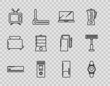 Set line Air conditioner, Smart watch showing heart beat rate, Laptop, Remote control, Television, Double boiler, Refrigerator and Electric heater icon. Vector