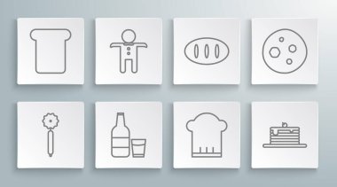 Set line Pizza knife, Holiday gingerbread man cookie, Glass bottle with milk and glass, Chef hat, Stack of pancakes, Bread loaf, Cookie or biscuit chocolate and toast icon. Vector