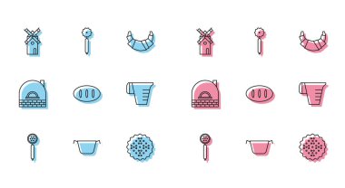 Set line Strainer spoon, Cooking pot, Windmill, Cracker biscuit, Bread loaf, Measuring cup, Brick stove and Pizza knife icon. Vector