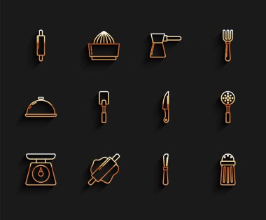 Set line Scales, Rolling pin, Knife, Salt, Spatula,  and  icon. Vector