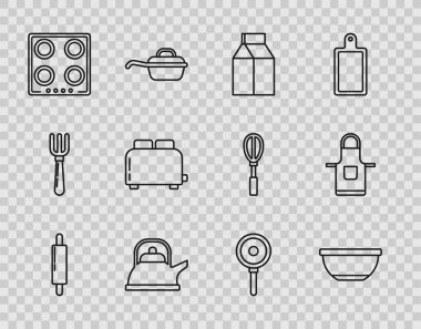 Set line Rolling pin, Bowl, Paper package for milk, Kettle with handle, Gas stove, Toaster toasts, Frying pan and Kitchen apron icon. Vector