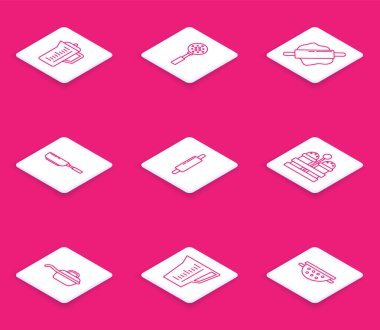 Set line Teapot, Spatula, Rolling pin, Frying pan, Salt and pepper,  and Measuring cup icon. Vector