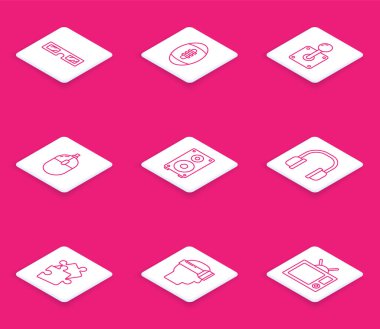 Set line 3D cinema glasses, American Football ball, Joystick for arcade machine, Computer mouse, Stereo speaker, Headphones, Piece of puzzle and Virtual reality icon. Vector