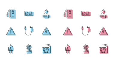 Set line Electric plug, Wind turbine, Battery, Coal power plant and factory, Charger, High voltage sign, Exclamation mark triangle and Electrical outlet icon. Vector
