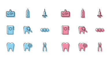 Set line Tooth, Id card with tooth, Dental pliers, search, Candy, Clipboard dental and Tube of toothpaste icon. Vector