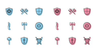 Set line Battle hammer, Medieval shield with sword, Target sport, crossed swords, axe, Round wooden, Military knife and Crossed medieval axes icon. Vector
