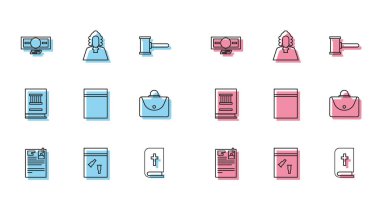 Set line Lawsuit paper, Evidence bag and bullet, Stacks money cash, Holy bible book, Plastic with ziplock, Briefcase,  and Judge icon. Vector