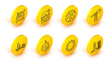 Set line Rocket launch from the spaceport, Sun, Moon with flag, Mars rover, Telescope, Falling stars, Astronomical observatory and Planet Venus icon. Vector