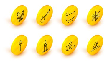 Set line Witch hat, Cube levitating above hand, Burning candle candlestick, Magic wand, Spider web, mortar pestle, Spell and stone icon. Vector