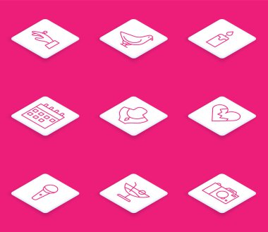 Set line Wedding rings on hand, Dove, Burning candle, Calendar, Necklace mannequin, Broken heart or divorce, Microphone and Cocktail icon. Vector