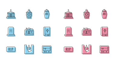 Set line Speech bubble rip death, Coffin in grave, Old crypt, Beat dead monitor, Grave with tombstone, Holy bible book,  and Funeral urn icon. Vector