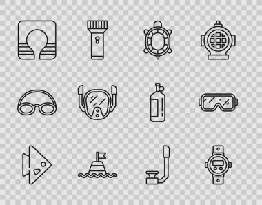 Set line Fish, Diving watch, Turtle, Floating buoy on the sea, Life jacket, mask, Snorkel and  icon. Vector