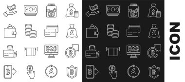 Set line Shield with bitcoin, Financial growth and, Coin money pound, Glass jar, dollar, Wallet, Hand holding and Credit card icon. Vector