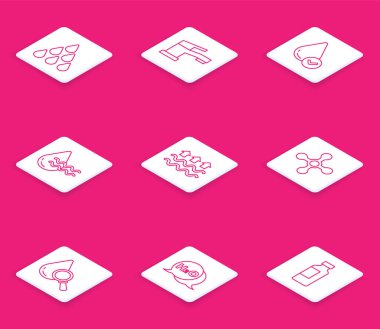 Set line Water drop, tap, Recycle clean aqua, Waves of water and evaporation, Drop magnifying glass and Chemical formula for H2O icon. Vector