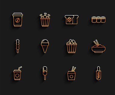Set line Paper glass with straw, Ice cream, Coffee cup to go, Asian noodles and chopsticks, Hotdog sandwich, in waffle cone, Rice bowl and Popcorn box icon. Vector