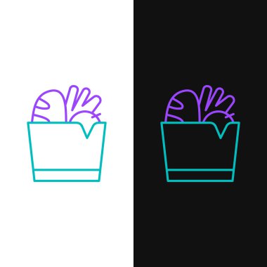 Line Paper shopping bag and food icon isolated on white and black background. Food store, supermarket. Colorful outline concept. Vector