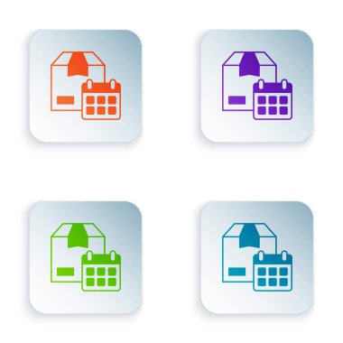 Renkli karton kutu ve hızlı dağıtım simgesi beyaz arkaplanda izole edildi. Kutu, paket, paket işareti. Teslimat ve ambalaj. Kare düğmelere renkli simgeleri yerleştir. Vektör