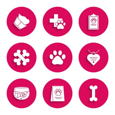 Set Paw print, Bag of food for dog, Dog bone, Collar with name tag and heart, Aquarium fish, Crossed bones, Clipboard medical clinical record pet and Veterinary symbol icon. Vector