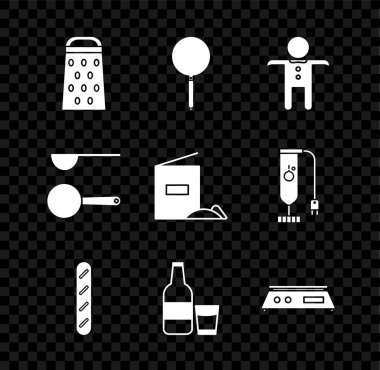 Kızartma tavası, zencefilli kurabiye, Fransız baget şişesi, süt ve cam Elektronik ölçeklendirme kaşığı ve un paketi ikonu. Vektör.