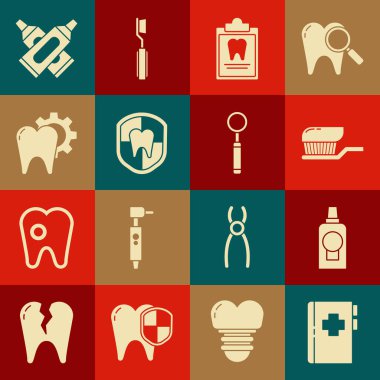 Diş macunu, diş fırçası, diş macunu, diş macunu, diş macunu, tüp ve teftiş aynası ikonu ile panoyu ayarla. Vektör.