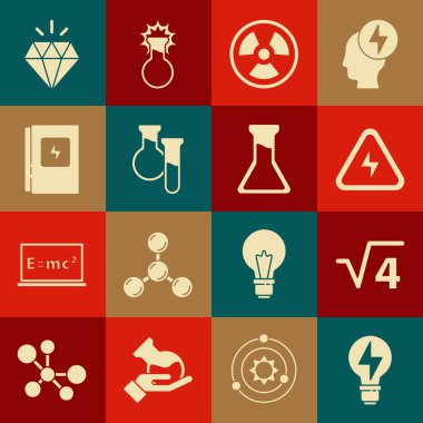 Ampulü, 4 glyph yüksek voltajlı radyoaktif test tüpü ve elektirikli panel elmas ve simgeyle ayarlayın. Vektör.