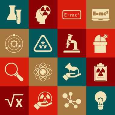 Radyasyon uyarı belgesi, Astronomik Gözlem Çözümü, Güneş Sistemi Test tüpü ve Microskop ikonu konsepti ile Ampulü ayarla. Vektör.