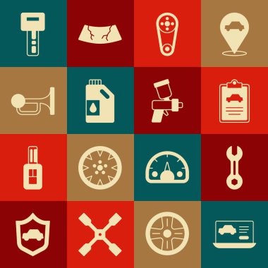 Araba anahtarının tanısal durumunu, uzaktan kumandalı ve boyalı sprey tabanca ikonlu, motor yağı sinyal kornası araç anahtarı için, anahtarlı araç denetim kemer kutusunu ayarla. Vektör.