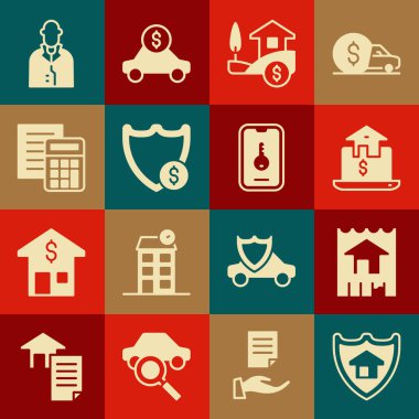 House 'u, Shield Calculator Emlakçısı ve ikonu ile birlikte online emlak dolarına ayarla. Vektör.