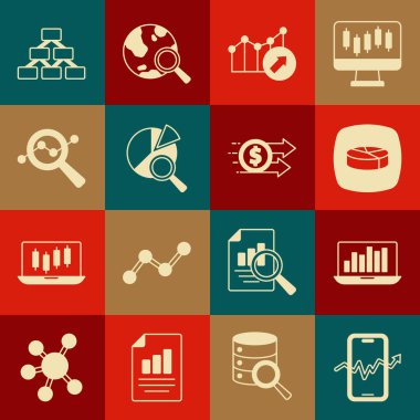 Grafik grafikli Pie Infographic Finansal Büyüme Araştırma Veri Analizi Hiyerarşi organogramı ve dolar simgesi ile mobil hisse alım satım dizüstünü ayarlayın. Vektör.