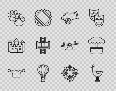 Çizgi Jester şapkası ve çan çalan çocuk topları sıcak hava balonu Paw baskı atlıkarınca çekim sporu yarışması ve ikon için. Vektör.