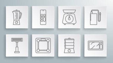 Elektrik ısıtıcısı uzaktan kumandalı banyo terazisi çift kazanlı mikrodalga fırın ölçekli güç bankasını farklı şarj kablosu ve blender simgesi ile ayarla. Vektör.