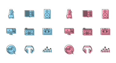 CD oynatıcı Metronome 'u CD oynatıcısı ve sarkaçlı DJ uzaktan kumandayla Retro ses kaset teybi kayıt editörü ve simgesini çalmak ve karıştırmak için ayarla. Vektör.