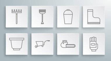 Çiçek saksısı, tırmık, elektrikli testere, kova, su geçirmez lastik bot ve ikon. Vektör.