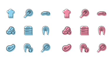 Biftek, ızgara balık bifteği ve alevli alevli şef şapkası, kızarmış tavada kızarmış Burger Fish ve ikon. Vektör.