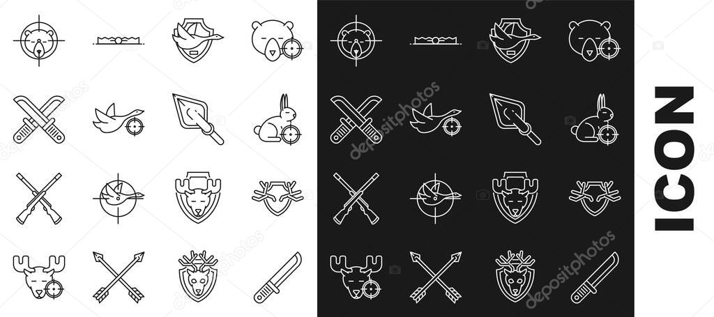 Set line Hunter knife Deer antlers on shield rabbit with crosshairs Flying duck Crossed hunter bear and Hipster arrow tip icon. Vector.