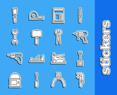 Halat kıskacı, kar küreği, elektrikli matkap çimento, balyoz anahtarlı anahtarlık, macun bıçağı, kıskaç ve kerpeten ikonu. Vektör.