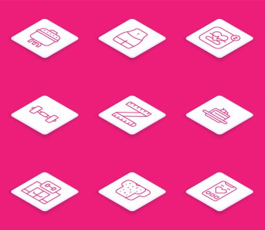 Hattı kurun, yemek pişiren kadınlar, kalp atış hızına sahip gezici kadınlar, Kek Bantlama Spor Salonu binası ve ekmek kızartma ikonu. Vektör.