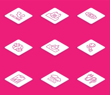 Kuyruk oluşturun. Kutup ayısı başı tıbbi koruyucu maske. Küresel ısınma için Iceberg elleri Dünya küresi ve Bulut 'u yağmur ikonuyla yakıyor. Vektör.