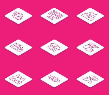 Küresel ısınma yangın televizyonu raporuna göre Kutup Ayısı eriyen Bulut 'un başında fabrika Ormanı ve Tıbbi Koruma Maskesi ikonundan dumanlar yükseliyor. Vektör.