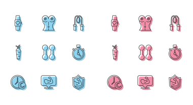 Çizgiyi, vücut geliştirici kas yığını Smart 'ın Dumbbell Stopwatch Havuç ve Kadın Beli ikonunu izlemek için ayarla. Vektör.