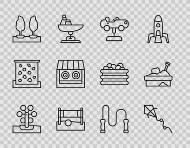 Dönme dolap Kite Swing Voleybol Ağı, top Forest Atış Galerisi, atlama ipi ve kum havuzu ikonu. Vektör.