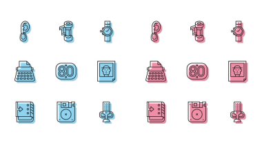 Satır Ses Karıştırıcı denetleyicisi Disket Kulaklığı ile küpe 80 'in Retro Fotoğraf daktilosu ve Kamera kartuşu simgesini ayarla. Vektör.