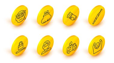 Hat Hırsızı TV Haberleri 'nin araba maskeli maymuncuğu Marihuana ortak elektrik şok tabancası Cüzdan ve Haydut ikonuna kilitlenmek için el kaldırıyor. Vektör.