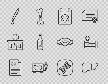 Hasta, karaciğer cerrahı randevusu Ultrasound Pipette Dijital termometre DNA sembolü ve hastane yatak ikonu kaydetti. Vektör.