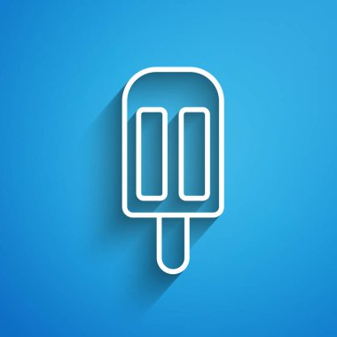 Beyaz çizgi dondurma ikonu mavi arkaplanda izole edilmiş. Güzel sembol. Uzun gölge. Vektör.