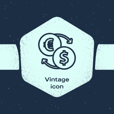 Grunge Line Para Takas simgesi mavi arka planda izole. Euro ve Dolar para transferi sembolü. Bankacılık işareti. Tek renkli klasik çizim. Vektör.