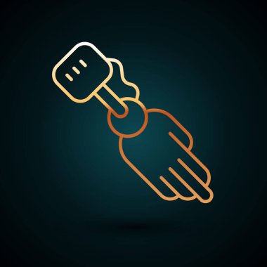 Altın çizgili protez el ikonu koyu mavi arkaplanda izole edilmiş. Biyonik kolun gelecekteki konsepti, robot mekanik el. Vektör.