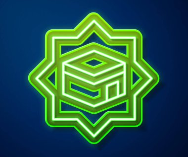 Parlayan neon hattı Kabe cami simgesi mavi arkaplanda izole edildi. Kabe 'deki hac ibadeti Ramazan-ı İslam camii. Vektör.