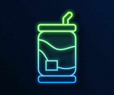 Parlayan neon hattı Soda kutusu simgesi mavi arkaplanda izole edildi. Vektör.